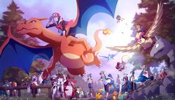  3girls 6+boys artist_name baseball_cap bettie_(pokemon) black_hair black_jacket black_pants blonde_hair blue_hair blue_oak blue_shorts brock_(pokemon) brown_hair bulbasaur charizard charmander clawitzer cloud cobalion commentary dark-skinned_male dark_skin dated day donphan drifblim drifloon entei eyewear_on_head facial_hair fence fire flame-tipped_tail giovanni_(pokemon) grass grey_hair grimsley_(pokemon) grimsley_(sygna_suit)_(pokemon) hat highres honchkrow hoopa hoopa_(confined) jacket krookodile latios leaf_(pokemon) lear_(pokemon) lens_flare long_hair long_sleeves metagross mewtwo multiple_boys multiple_girls onix outdoors pants pidgeot pikachu pokemon pokemon_(creature) pokemon_frlg pokemon_hgss pokemon_masters_ex pokemon_oras pokemon_usum pokemon_xy purple_hair rachel_(pokemon) red_(pokemon) red_(sygna_suit)_(pokemon) riding riding_pokemon rucyna running sawyer_(pokemon_masters_ex) scottie_(pokemon) sharpedo shoes short_sleeves shorts siebold_(pokemon) sky squirtle standing staraptor steven_stone sunglasses tree umbreon watermark white_headwear white_jacket white_pants 