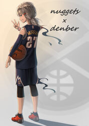  absurdres azur_lane ball basketball basketball_(object) basketball_uniform denver_(azur_lane) denver_nuggets female full_body highres jamal_murray knee_sleeve logo name_connection national_basketball_association ranguage shoes shorts sneakers sportswear typo wristband yakkuro 