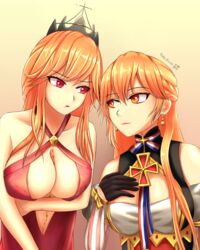  2girls :t alternate_costume artist_name azur_lane black_gloves blonde_hair braid breasts cleavage cosplay costume_switch creator_connection crossover dress earrings eye_contact french_braid girls&#039;_frontline gloves hand_on_own_chest inoue_marina jewelry large_breasts look-alike looking_at_another multiple_girls ots-14_(girls&#039;_frontline) ots-14_(girls&#039;_frontline)_(cosplay) ots-14_(ruler_of_the_banquet)_(girls&#039;_frontline) pout red_dress red_eyes rekka_yamato richelieu_(azur_lane) richelieu_(azur_lane)_(cosplay) smile upper_body voice_actor_connection yellow_eyes 