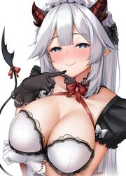  asymmetrical_gloves black_gloves blue_eyes breasts cleavage closed_mouth commentary_request dombear female gloves highres horns large_breasts long_hair looking_at_viewer mismatched_gloves pointy_ears red_horns ribbon simple_background smile solo tail tail_ornament tail_ribbon upper_body vei_(vtuber) vei_(vtuber)_(4th_costume) virtual_youtuber vshojo white_background white_gloves white_hair 