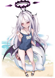  ahoge bare_arms bare_legs bare_shoulders beach blue_archive blush closed_mouth collarbone covered_navel demon_girl demon_horns demon_wings feet female flat_chest full_body hair_between_eyes hair_ornament halo highres hina_(blue_archive) hina_(swimsuit)_(blue_archive) holding holding_swim_ring horns innertube kurofude_anna legs long_hair looking_at_viewer low_wings mechanical_halo multiple_horns name_tag ocean official_alternate_costume old_school_swimsuit one-piece_swimsuit parted_bangs purple_eyes sandals school_swimsuit signature smile solo standing swim_ring swimsuit swimsuit_tug toenails toes very_long_hair whistle whistle_around_neck white_background white_hair wings 