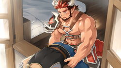  2boys abs armor bara beard black_hair crave_saga dragon_boy dragon_horns dragon_tail facial_hair horns imminent_anal imminent_penetration large_pectorals male_focus multicolored_hair multiple_boys muscular muscular_male navel nipples official_art pectorals protagonist_(crave_saga) red_hair short_hair shoulder_armor suv_(suv032) tail two-tone_hair vastor_(crave_saga) yaoi 