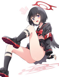  absurdres armband ass black_gloves black_hair black_sailor_collar black_serafuku black_skirt black_socks black_wings blue_archive blush bow bowtie commentary_request feathered_wings female fingerless_gloves gloves halo highres kandori kneehighs long_sleeves looking_at_viewer mashiro_(blue_archive) no_panties notice_lines pleated_skirt purple_eyes red_bow red_bowtie red_halo safety_pin sailor_collar school_uniform serafuku short_hair simple_background skirt socks solo white_background winged_halo wings 