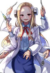  blonde_hair blue_shirt blue_skirt bolt_(hardware) collared_shirt cowboy_shot extra_arms female franken_fran glasgow_smile highres holding holding_syringe lab_coat long_hair long_sleeves madaraki_fran neck_ribbon plan_(planhaplalan) red_ribbon ribbon scalpel shirt skirt solo standing stitches syringe white_background 