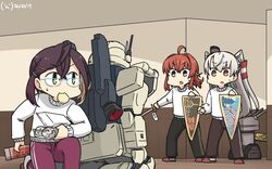  3girls ahoge alternate_costume amatsukaze_(kancolle) arashi_(kancolle) black_hair black_pants blue-framed_eyewear brown_eyes brown_pants commentary_request cosplay dated food full_body glasses green_eyes grey_hair gundam gundam_08th_ms_team gundam_ez8 guntank guntank_(cosplay) hair_tubes hamu_koutarou hiding highres kantai_collection long_hair mecha medium_hair multicolored_hair multiple_girls okinami_(kancolle) one-hour_drawing_challenge pants pennant pink_hair playing_games purple_pants red_hair rensouhou-kun robot seiza shield short_hair sitting sweater sword track_pants translated two_side_up weapon white_sweater yellow_eyes 