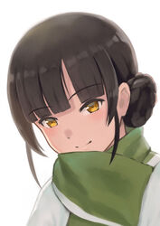  black_hair blush commentary_request double_bun female green_scarf hair_bun highres japanese_clothes kantai_collection looking_at_viewer orange_eyes portrait porupurucha scarf simple_background smile solo un&#039;you_(kancolle) white_background yawata_maru_(kancolle) 