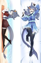  bad_link dakimakura_(medium) dress female fish_tail highres indie_virtual_youtuber looking_at_viewer mako_sameshima multiple_views red_eyes shark_fin shark_girl shark_tail sharp_teeth skirt tail teeth thighhighs tiredcatmom virtual_youtuber 