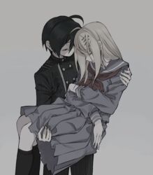  1boy ahoge akamatsu_kaede black_hair black_legwear blonde_hair carrying closed_eyes closed_mouth commentary_request danganronpa_(series) danganronpa_v3:_killing_harmony female gakuran grey_background hair_ornament hairclip jingle_(mhb729) kneehighs long_hair long_sleeves neckerchief pants pleated_skirt princess_carry red_neckerchief saihara_shuichi sailor_collar school_uniform serafuku short_hair simple_background skirt socks 