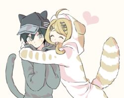  1boy ahoge akamatsu_kaede animal_costume animal_hood black_hair black_headwear blonde_hair closed_eyes closed_mouth commentary_request danganronpa_(series) danganronpa_v3:_killing_harmony female hair_between_eyes hair_ornament hat heart hood hood_up hug jingle_(mhb729) long_hair long_sleeves musical_note musical_note_hair_ornament open_mouth saihara_shuichi short_hair simple_background straight sweat tail upper_body yellow_background 