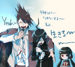  2boys ahoge arm_over_shoulder black_hair closed_eyes commentary_request danganronpa_(series) danganronpa_v3:_killing_harmony facial_hair female gakuran goatee hair_ornament hair_scrunchie harukawa_maki jacket jacket_on_shoulders jingle_(mhb729) long_hair long_sleeves mole mole_under_eye momota_kaito multiple_boys music open_mouth red_eyes saihara_shuichi sailor_collar school_uniform scrunchie serafuku short_hair simple_background singing spiked_hair sweat translation_request twintails 