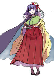  agatha_chris_q_outfit_(touhou) breasts enajii female flower green_kimono hair_flower hair_ornament hieda_no_akyuu highres japanese_clothes kimono lace large_breasts petticoat plump purple_hair see-through_silhouette short_hair simple_background solo standing touhou white_background 