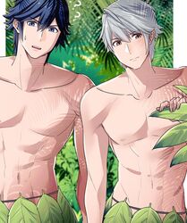  2boys ? abs ameno_(a_meno0) blue_eyes blue_hair brown_eyes chrom_(fire_emblem) commentary_request confused fire_emblem fire_emblem_awakening forest grey_hair leaf leaf_skirt male_focus multiple_boys muscular muscular_male nature open_mouth robin_(fire_emblem) robin_(male)_(fire_emblem) short_hair skirt sweatdrop topless_male 