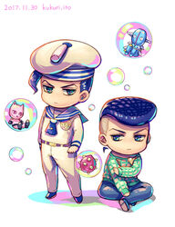  4boys anchor_symbol bad_id bad_pixiv_id black_hair blue_eyes blue_hair bubble chibi dyresbroom food fruit hat jojo_no_kimyou_na_bouken jojolion killer_queen kira_yoshikage_(jojolion) kujo_josefumi male_focus mini_person miniboy multiple_boys peace_symbol pompadour rokakaka sailor sailor_hat soft_&amp;_wet stand_(jojo) undercut 