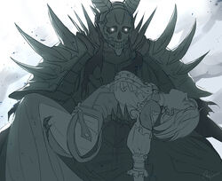  1boy armor black_armor black_cape breasts cape carrying claws closed_eyes commentary_request death_knight_(fire_emblem) dress fake_horns female fire_emblem fire_emblem:_three_houses full_armor glowing glowing_eyes greyscale helmet horned_helmet horns large_breasts mask mercedes_von_martritz monochrome nijihayashi princess_carry shirt shoulder_spikes signature skull_mask spikes taut_clothes taut_shirt unconscious 