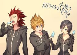  2boys absurdres axel_(kingdom_hearts) black_coat_(kingdom_hearts) black_hair blonde_hair blue_eyes facial_mark female food gloves gogo_(detteiu_de) highres kingdom_hearts kingdom_hearts_358/2_days kingdom_hearts_chain_of_memories multiple_boys organization_xiii red_hair roxas short_hair simple_background smile spiked_hair xion_(kingdom_hearts) 