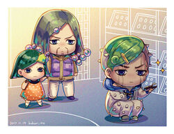  3boys bad_id bad_pixiv_id beard beetle black_hair bug chibi dress dyresbroom facial_hair facial_mark grandfather_and_grandson green_hair hair_ornament hairclip higashikata_jobin higashikata_norisuke_iv higashikata_tsurugi hood hoodie jojo_no_kimyou_na_bouken jojolion long_hair male_focus multicolored_hair multiple_boys otoko_no_ko scar sparkle spikes two-tone_hair 