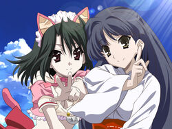  2girls animal_ears ashikaga_inori black_hair blue_hair brown_eyes cat_ears cloud dark_green_hair japanese_clothes kiyoura_setsuna lens_flare light_rays looking_at_viewer maid_headdress miko multiple_girls name_tag official_art pink_ribbon ribbon school_days shiny_days sky sunlight tail tail_ornament v w 