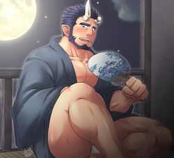  1boy alternate_costume bara beard black_hair black_kimono blush broken_horn bulge calf convenient_leg demon_boy demon_horns facial_hair fangs feet_out_of_frame full_moon fundoshi hand_fan holding holding_fan horns japanese_clothes kimono live_a_hero looking_at_viewer male_focus male_underwear mature_male moon muscular muscular_male nessen_(live_a_hero) night night_sky paper_fan pectoral_cleavage pectorals revision short_hair sky solo sunfight0201 thick_eyebrows thick_thighs thighs uchiwa underwear white_male_underwear 