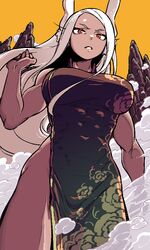  animal_ears bare_arms bare_shoulders black_dress boku_no_hero_academia breasts china_dress chinese_clothes cloud_print commentary covered_abs covered_navel dark-skinned_female dark_skin dress english_commentary female hand_up kingbawoon large_breasts long_eyelashes long_hair looking_at_viewer mirko mountain muscular muscular_female orange_sky parted_bangs parted_lips pelvic_curtain rabbit_ears rabbit_girl red_eyes side_slit sky solo tail taut_clothes taut_dress thighs very_long_hair white_hair 