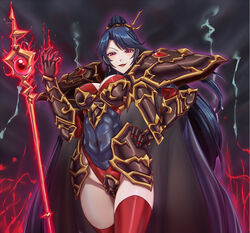  armor blue_hair blush bozel_(langrisser) cloak corruption covered_navel dark_blue_hair dark_persona earrings evil_smile female glowing glowing_weapon high_ponytail highres jessica_(langrisser) jewelry langrisser leebigtree leotard looking_at_viewer pauldrons ponytail possessed red_eyes red_thighhighs shoulder_armor smile solo staff thighhighs weapon 