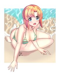  arm_support ass bad_anatomy bikini blue_eyes blush breasts breasts_apart d: female from_above highres higurashi_no_naku_koro_ni medium_breasts open_mouth orange_hair outside_border revvie ryuuguu_rena sitting solo striped_bikini striped_clothes swimsuit v-shaped_eyebrows wariza water white_background 