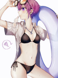  absurdres bikini black_bikini breasts earrings female glasses grey_jacket highres innertube jacket jewelry kisaragi_nier medium_breasts navel necklace pink_hair purple_eyes shima_(utaite) shimako_(urashimasakatasen) short_hair solo swim_ring swimsuit urashimasakatasen utaite 