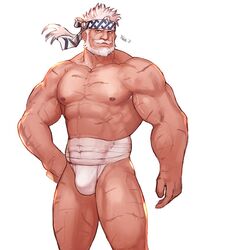  1boy abs bara beard bulge dsharp facial_hair feet_out_of_frame fundoshi granblue_fantasy hand_on_own_hip headband japanese_clothes large_pectorals male_focus male_underwear mature_male midriff_sarashi moustache muscular muscular_male nipples pectorals sarashi scar scar_on_chest short_hair solo soriz thick_thighs thighs topless_male underwear white_background white_hair white_male_underwear 