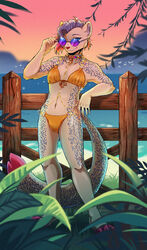  absurd_res andromorph anthro beach blue_eyes clothed clothing collar crossdressing detailed_background eyewear felid feline flat_chested fur gold_(metal) gold_jewelry hair hi_res iceberry intersex irbis jewelry mammal pantherine saucekarrrri_(artist) seaside snow_leopard solo sunglasses sunset swimwear white_body white_fur 