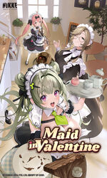  3girls ade_(nikke) ahoge apron black_dress black_footwear black_shirt black_skirt blonde_hair bow braid breasts cake chocolate chocolate_cake cleavage cocoa_(nikke) collar copyright_name cup doll door dress dropping food glasses goddess_of_victory:_nikke green_eyes green_hair hair_ornament heart highres holding holding_tray huge_breasts large_breasts long_hair long_sleeves maid maid_apron maid_for_you_(nikke) maid_headdress medium_hair multiple_girls necktie official_art one_eye_closed orange_eyes petite picture_frame pink_hair plant plate purple_eyes round_table second-party_source shirt sidelocks skirt small_breasts smile soda_(nikke) stairs strap table teapot teeth tray twintails v white_apron 