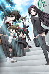  5girls black_hair brown_hair cloud kiyoura_setsuna kuroda_hikari leaf light_rays loafers looking_at_viewer multiple_girls official_art official_wallpaper pale_skin red_ribbon ribbon school_days school_days_hq school_uniform shoes sky stairs thighhighs white_footwear zettai_ryouiki 