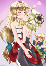  3girls aizawa_azusa artist_name ascot back black_dress blank_eyes blonde_hair blush braid breasts cleavage closed_eyes commentary dated demon_girl demon_horns dress gloves halkara_(slime_taoshite_300_nen) heart highres horns hug kissing long_hair medium_breasts multiple_girls provato_pecora_aries purple_background scarf short_hair simple_background skirt slime_taoshite_300_nen_shiranai_uchi_ni_level_max_ni_nattemashita small_breasts surprised variangel very_long_hair yuri 