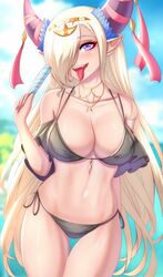  anisdrawn asymmetrical_horns bare_shoulders bikini black_bikini blonde_hair breasts cleavage cowboy_shot day dragon_girl female fire_emblem fire_emblem_engage food hair_ornament hair_over_one_eye highres horns jewelry long_hair mature_female necklace ocean outdoors pointy_ears popsicle purple_eyes sky smile solo swimsuit tan tassel tassel_hair_ornament tongue tongue_out uneven_horns very_long_hair zephia_(fire_emblem) 