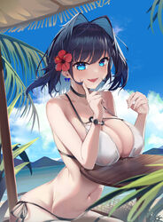  :d absurdres arched_back beach_umbrella bikini black_hair blue_eyes blue_hair blue_sky blurry breast_rest breasts breasts_on_table cleavage cloud day depth_of_field elbow_rest female flower hair_flower hair_intakes hair_ornament hibiscus highres hololive hololive_english index_finger_raised looking_at_viewer navel oerba_yun_fang open_mouth ouro_kronii outdoors red_flower rpg_(ram) short_hair side-tie_bikini_bottom sitting sky smile solo stomach swimsuit table umbrella virtual_youtuber 