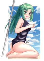  blue_sky blush breasts cloud female green_eyes green_hair highres higurashi_no_naku_koro_ni medium_breasts one-piece_swimsuit outside_border ponytail revvie sand school_swimsuit sitting sky solo sonozaki_mion swimsuit wariza white_background 