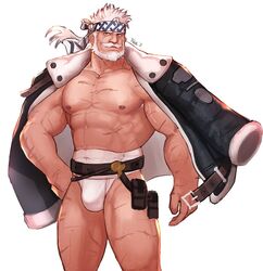  1boy abs bara bare_pectorals beard bulge dsharp facial_hair feet_out_of_frame fundoshi granblue_fantasy hand_on_own_hip happi headband jacket jacket_on_shoulders japanese_clothes large_pectorals male_focus male_underwear mature_male midriff_sarashi moustache muscular muscular_male nipples open_clothes open_jacket pectorals sarashi scar scar_on_chest short_hair solo soriz thick_thighs thighs underwear white_background white_hair white_male_underwear 