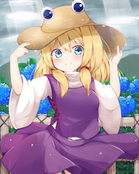  artistic_error blonde_hair blue_eyes blue_flower blush breasts contrapposto cowboy_shot dress female flower glint hat hydrangea light_rays long_hair looking_at_viewer moriya_suwako mountainous_horizon outdoors overcast purple_dress rururiaru sky small_breasts smile solo sunbeam sunlight touhou wrong_hand 