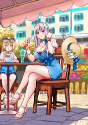  2girls absurdres aged_down blonde_hair blue_dress blue_eyes braid breasts building chair crossed_legs cup day dress drinking_glass drinking_straw french_braid hair_ornament hairclip hat highres large_breasts lexington_(warship_girls_r) long_hair looking_at_viewer multiple_girls outdoors platinum_blonde_hair sandals saratoga_(warship_girls_r) short_dress sitting smile sun_hat table unworn_headwear warship_girls_r white_footwear z.s.w. 