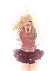  ahoge akamatsu_kaede arms_behind_back blonde_hair breasts closed_eyes commentary_request danganronpa_(series) danganronpa_v3:_killing_harmony female hair_ornament jingle_(mhb729) long_hair long_sleeves musical_note musical_note_hair_ornament musical_note_print necktie open_mouth pink_skirt red_necktie school_uniform simple_background skirt solo white_background 