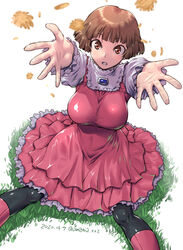  alternate_breast_size amania_orz breasts brown_eyes brown_hair covered_navel dated dress feet_out_of_frame female frilled_dress frills grass gundam highres large_breasts long_sleeves pantyhose parted_lips petticoat pink_dress shadow short_hair sochie_heim solo turn_a_gundam twitter_username 