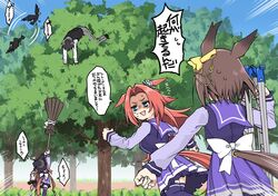  air_groove_(umamusume) animal_ears bird broom brown_hair crow ear_covers hachiman_(douno) hat highres horse_ears horse_girl horse_tail kawakami_princess_(umamusume) long_hair orange_hair stairs sweep_tosho_(umamusume) tail trainer_(umamusume) tree twintails umamusume witch_hat 