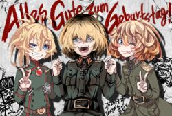  3girls :d ;p ahoge being_x belt blonde_hair breast_pocket commentary cross german_text graffiti grin hal_(goshujinomocha) happy_birthday holding_hands iron_cross long_sleeves looking_at_viewer military military_uniform multiple_girls multiple_persona official_style one_eye_closed open_mouth pocket short_sleeves smile tanya_degurechaff tongue tongue_out translated uniform v youjo_senki 