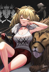  alpaca_(alpaca00011) animal animal_ears arknights artist_name bare_legs black_choker black_jacket breasts brown_eyes brown_hair choker cleavage collarbone feet_out_of_frame female fur_trim half-closed_eyes hammer head_rest highres holding holding_hammer jacket jacket_on_shoulders kingdom_of_victoria_logo large_breasts lion lion_ears open_mouth over_shoulder red_shorts shirt short_shorts shorts siege_(arknights) signature simple_background sitting sledgehammer solo thighs weapon weapon_over_shoulder white_background white_shirt 