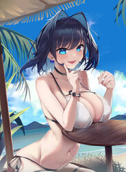  :d absurdres arched_back beach_umbrella bikini black_hair blue_eyes blue_hair blue_sky blurry breast_rest breasts breasts_on_table cleavage cloud day depth_of_field elbow_rest female flower hair_flower hair_intakes hair_ornament hibiscus highres hololive hololive_english index_finger_raised looking_at_viewer navel oerba_yun_fang open_mouth ouro_kronii outdoors red_flower rpg_(ram) short_hair side-tie_bikini_bottom sitting sky smile solo stomach swimsuit table umbrella virtual_youtuber 