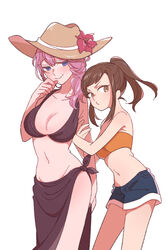  2girls asahina_yui bikini black_bikini blue_eyes blush breasts brown_eyes brown_hair cleavage flower hat hat_flower highres holding_another&#039;s_arm kousaka_rei la_corda_d&#039;oro la_corda_d&#039;oro_starlight_orchestra large_breasts multiple_girls navel pink_hair ponytail short_shorts shorts sidelocks simple_background small_breasts standing swimsuit white_background yoshitaka_(palooo) 