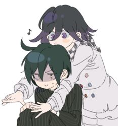  2boys black_hair blush_stickers checkered_clothes checkered_scarf commentary_request danganronpa_(series) danganronpa_v3:_killing_harmony gakuran hair_between_eyes hug hug_from_behind jingle_(mhb729) long_sleeves male_focus multiple_boys musical_note oma_kokichi purple_eyes saihara_shuichi scarf school_uniform shaded_face short_hair simple_background straitjacket sweat white_background yellow_eyes 