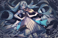  absurdly_long_hair absurdres aqua_eyes aqua_hair bare_shoulders black_shirt bow_(music) bubble collar commentary dated elbow_gloves feet_out_of_frame female gloves hatsune_miku highres holding holding_instrument holding_violin instrument long_hair long_skirt looking_at_viewer miku_symphony_(vocaloid) music neon_trim paper playing_instrument pleated_skirt qizhongji shirt skirt solo standing thighhighs twintails very_long_hair violin vocaloid white_collar white_gloves white_skirt white_thighhighs 