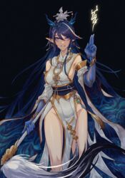  arknights black_background blue_hair breasts detached_sleeves earrings female grin hat highres holding holding_staff horns jewelry ling_(arknights) ling_(it_does_wash_the_strings)_(arknights) long_hair looking_at_viewer meow_on_road official_alternate_costume pointy_ears purple_eyes sash sideboob simple_background smile solo staff very_long_hair 