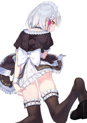  alternate_costume apron back black_dress black_thighhighs blush breasts coffeekite commentary dress enmaided fate/grand_order fate/grand_order_arcade fate_(series) female highres kama_(fate) kama_(mistake)_(fate) kneeling looking_at_viewer looking_back maid maid_headdress puffy_short_sleeves puffy_sleeves red_eyes short_hair short_sleeves small_breasts solo thighhighs thighs white_apron white_hair wrist_cuffs 