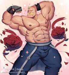  1boy abs alex_louis_armstrong amestris_military_uniform artist_name bald bara blonde_hair bulge dsharp facial_hair feet_out_of_frame flexing flower fullmetal_alchemist gauntlets highres large_pectorals male_focus military military_uniform moustache muscular muscular_male navel nipples paid_reward_available patreon_username pectorals petals pose rose rose_petals solo sparkle thick_thighs thighs topless_male uniform 