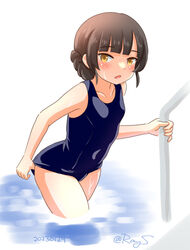  blue_one-piece_swimsuit blunt_bangs braid breasts brown_eyes brown_hair cowboy_shot double_bun female hair_bun kantai_collection long_hair one-hour_drawing_challenge one-piece_swimsuit pool_ladder ray.s school_swimsuit small_breasts swimsuit twin_braids un&#039;you_(kancolle) wet wet_clothes wet_swimsuit yawata_maru_(kancolle) 